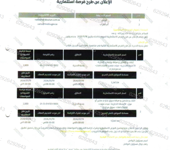 اعلان عن طرح فرص استثمارية بمنطقة الحجرة
