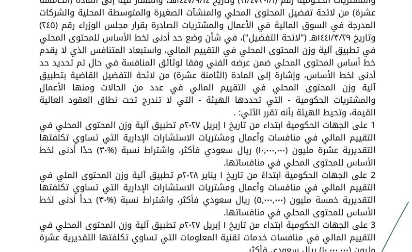 بشأن تطبيق آلية الوزن والحد الأدنى لخط الأساس في منافسات وأعمال ومشتريات الاستشارات الإدارية وتقنية المعلومات