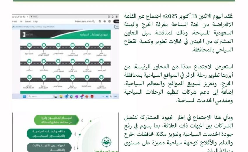 اجتماع لجنة السياحة بغرفة الخرج والهيئة السعودية للسياحة لمناقشة أوجه التعاون المشترك